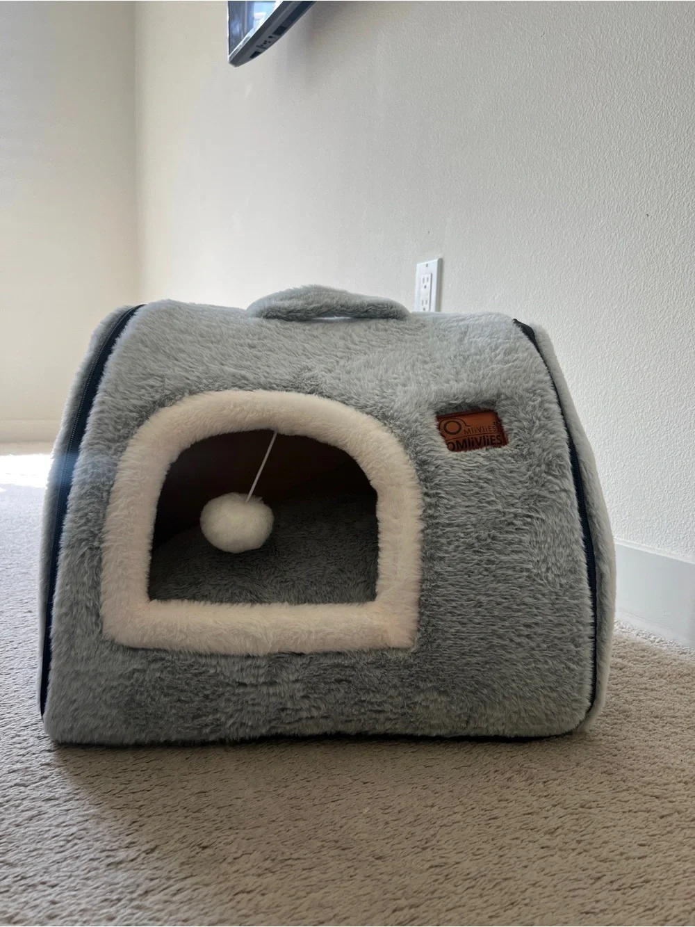 Cozy Gray Plush Pet Cave Bed with White Trim